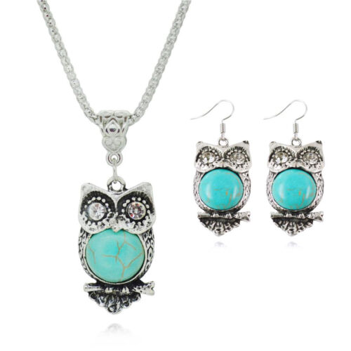 Tibetan Silver Owl Bird Turquoise Necklace Drop Dangle Earrings Jewellery Set 