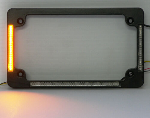 Black Finish w/ Taillight & Turns Quad LED Flat Motorcycle License Plate Frame 