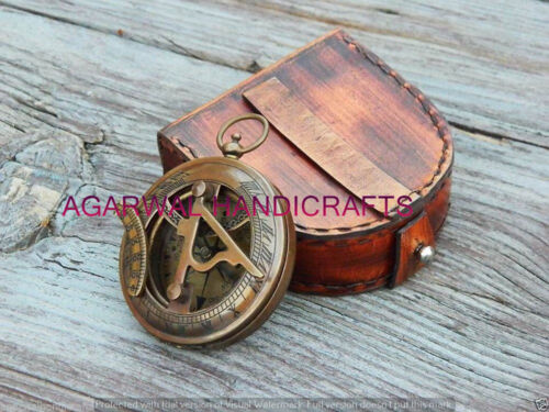 Details about  / Solid Brass Sundial Push compass with Leather Case