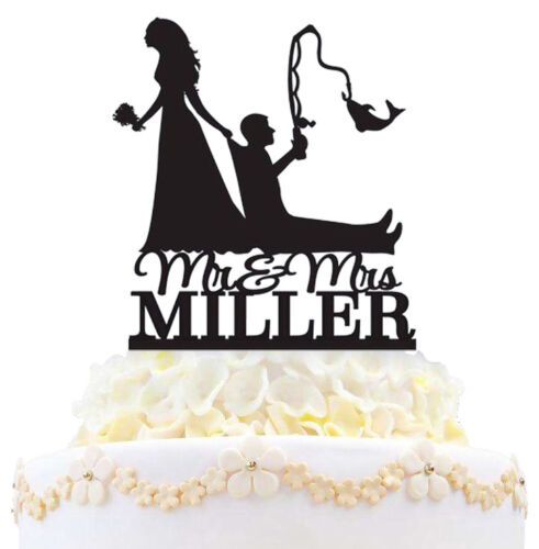 Personalised Fishing Wedding Cake Topper Mr /& Mrs Bride And Groom With Last Name