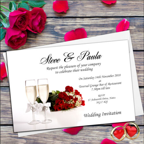 10 Personalised Champagne Red Rose Wedding Invitations Day /& Evening D18