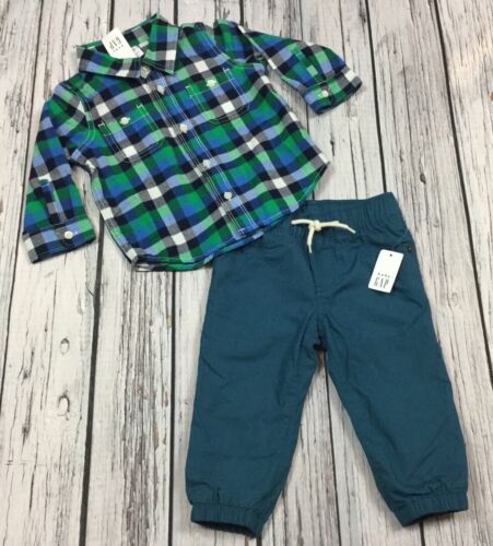 Baby Gap Boys 6-12 Months Teal Plaid Shirt & Teal Soft Lined Pants Outfit Nwt 