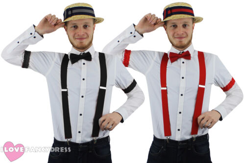 Années 1920 barber shop set straw boater hat nœud papillon bretelles et brassards old england