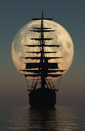 Old Ship on the High Seas Sailing in the Moon Light Picture Large Framed Print