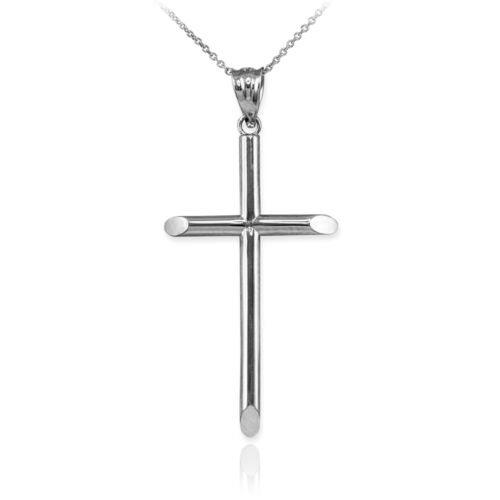 Solid 10K White Gold Tube Cross Pendant Necklace