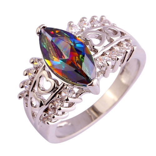 Rainbow /& White Topaz Gemstone Silver Ring Size 6 7 8 9 10 Marquise Cut Stone