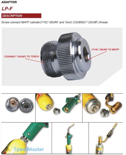 Adaptor CGA600 to 7//16/"-28UNF for Braze Welding Torch MAPP Propane Gas Heating