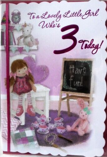 Pink Glittered Girl's Toy Room  "AGE 3" Birthday Cards 
