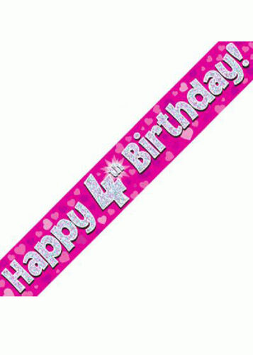 Pink Holographic Happy 4th Birthday Banner