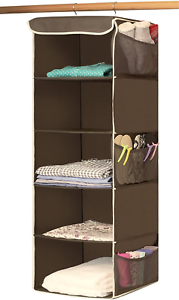 Details about  / Hanging Closet Organizer 5 Shelves Space Saver Storage Closet Rack Side Pockets