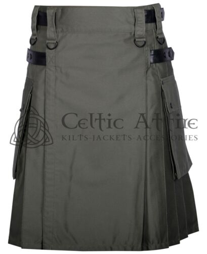 Scottish Utility KHAKI Cotton Kilt For Men Tactical Deluxe Duty Cargo KILT