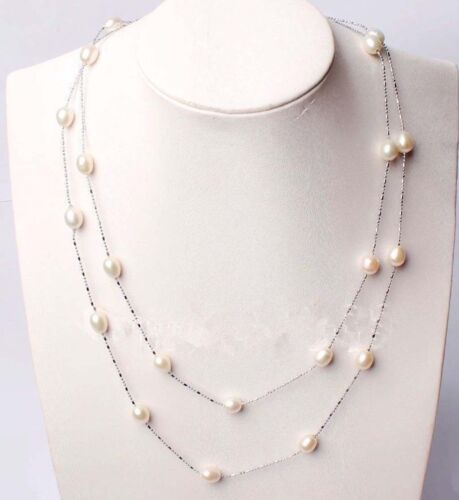 Fashion Natural 7-8mm White Rice Akoya Freshwater Pearl Chain Long Necklace 46" 