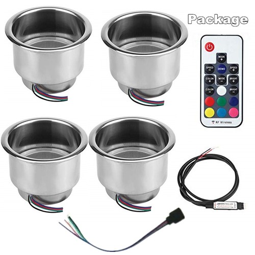 4x Stainless Steel Cup Drink Holder with 14LED RGB Lights+Remote Car Marine Boat