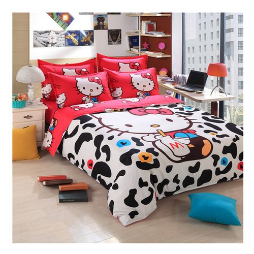 4pc 3D Hello Kitty Cartoon Pink Black /& White Cow Print Duvet Cover Set