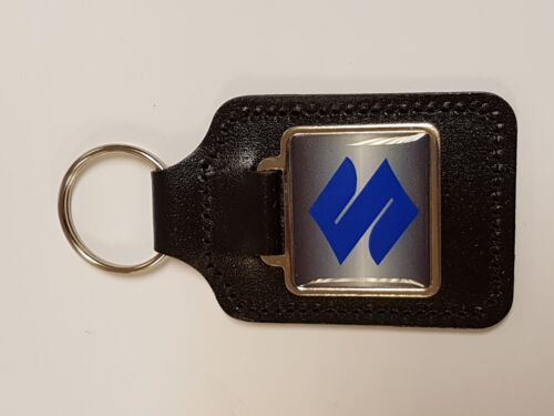 CHOICE OF COLOURS SUZUKI BLUE S GREY BACKGROUND SQUARE LEATHER KEYRING 