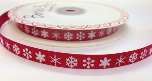 White Snowflakes on Red Ribbon 9mm Wide Grosgrain Ribbon 3 Meters