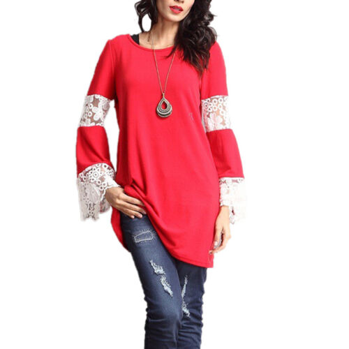 Women's Casual Loose Lace Crochet Tunic Tops Bell Sleeve Long T-Shirt Tee Blouse 