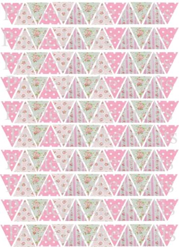 65//130 Edible Bunting Flag Vintage Shabby Chic Floral Icing Cake Cupcake Toppers