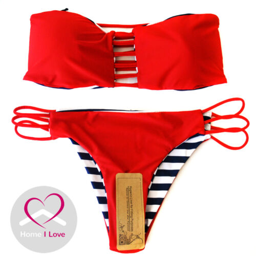 New Reversible Bikini Bandeau Style 4 in 1 Red and White&Blue Stripes Size S 