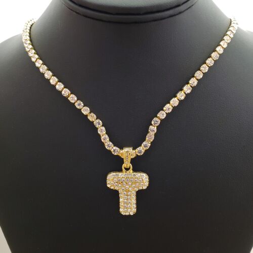 Iced out Gold plated Bubble Initial Pendant & 18" 1 Row Tennis Chain Necklace 