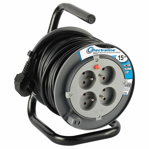 Rallonge Prolongateur Électrique 15m Enrouleur Multi 4 Prises 16A 3G1,5 mm² Gris