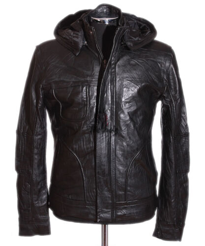 Men/'s GHOST PROTOCOL Black Biker Style New Hooded Crunch Lambskin Leather Jacket