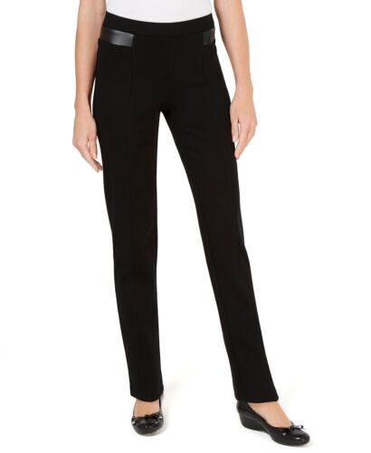 JM Collection Women/'s Faux-Leather-Trim Ponte-Knit Pants Deep Black Size Large