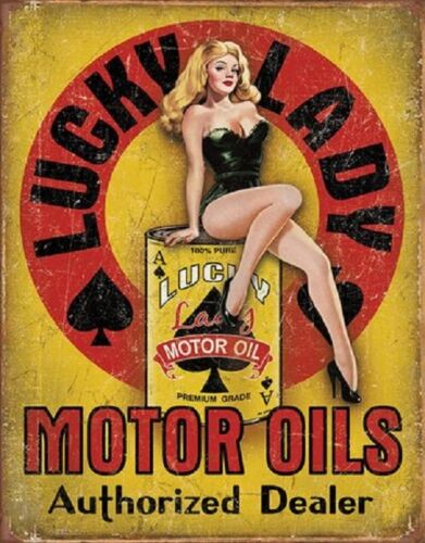 Lucky Lady Motor Oil Gas Service Garage Dealer Retro Pinup Girl Metal Tin Sign 