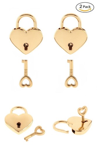2Pack Heart Shaped Padlock with Key for Jewelry Box Storage Box Diary Book Gold