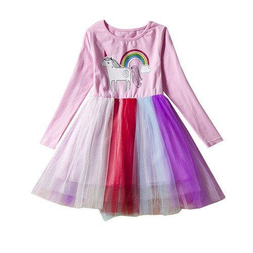 Kids Girl Unicorn Tutu Tulle Dress Long Sleeve Princess Party Wedding Bridesmaid