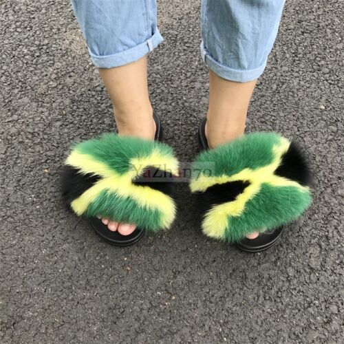 2019 Women/'s Fluffy Real Fox//Raccoon Fur Slides Slippers Flat Sandals Shoes HOT!