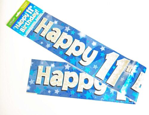 Happy 11th Birthday Party Decor Holographic Foil Celebration Banner Age 11 Blue 