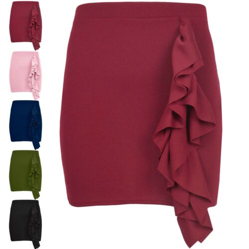 Women Ladies Bodycon Side Peplum Ruffle Frill Hem Elasticated Waisted Mini Skirt 