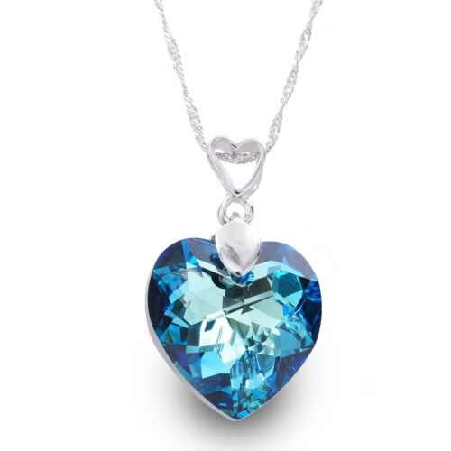 Blue Crystal CZ Heart Pendant 925 Sterling Silver Clavicle Wave Chain Necklace 