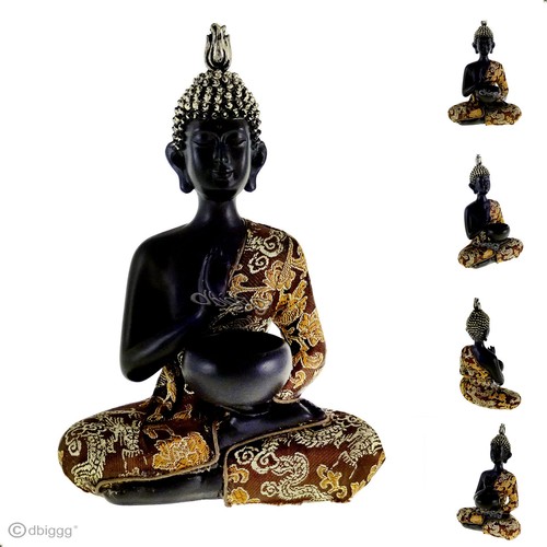22 cm Thai Buddha mit Klangschale schwarz gold Dekofigur Höhe ca