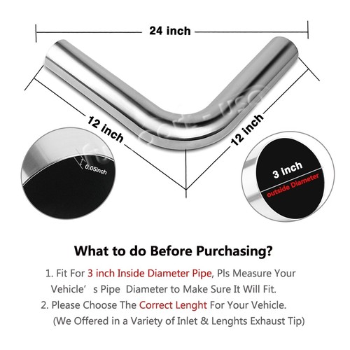 OD 2.5/"//3/" Inlet Outlet 2FT Exhaust Pipe 45°//90° Degree Tube Stainless Steel