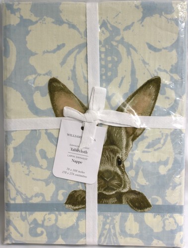 Williams Sonoma Damask Bunny Tablecloth NIP New Cotton Blue Cream 70 x 108 inch