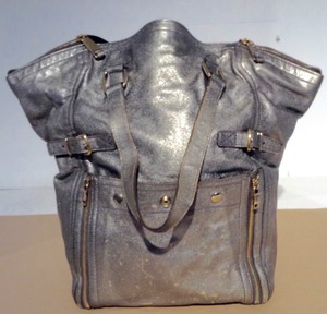 Yves Saint Laurent YSL Silver Metallic Leather Downtown Tote ...