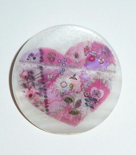 Pink Crazy Quilt Heart Button on Mother of Pearl MOP Shank Button 1+3//8/"