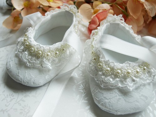 Baby Girls Ivory Lace Pearl Christening Wedding Shoes Pram Shoes 0-12 mths