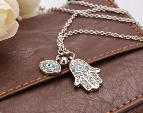 Hamsa Hand of Fatima Amulets Nazar Turkish Blue Eye Necklace Pendant Necklace 