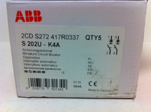 BOX 5 NEW ABB 2-POLE 4A MIN CIRCUIT BREAKERS S202U-K4A S-202U 2CD-S272-417R0337