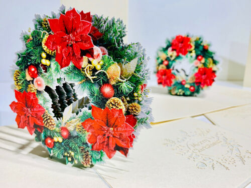 ORIGAMI POP CARDS Christmas Poinsettia Wreath 3D Pop Up Greeting Card Christmas 