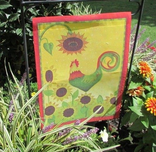 Wake Up Call Rooster Small Garden Flag by Windswept Fall Sunflower and Rooster