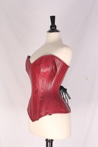 Maroon Real Leather Real Steel Bones Full Bust Lace up Side Zip Corset 2XS~7XL 