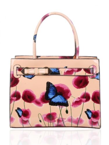 UK Women Ladies Floral Butterfly Print Top Handle Summer Shoulder Handbag Patent