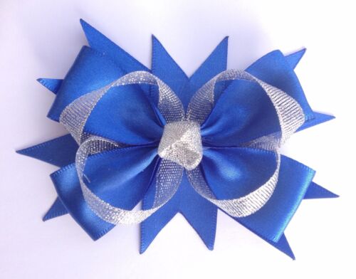 Royal Blue /& Silver Satin Ribbon Hair Bow Alligator Clip
