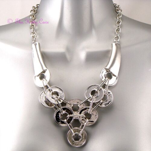 Retro Silver Abstract Chunky Contemporary Metal Coins Discs Feature Bib Necklace 