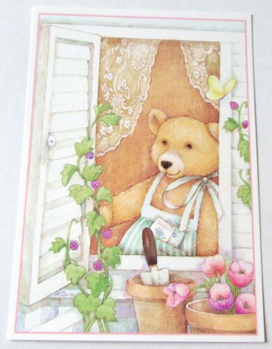 Vintage Post Card Current Inc Gardening Bear Looking out Window Tulips Berries 
