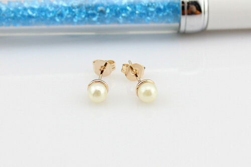 Shiny 14K//14ct Rose Gold Plated White Pearl Stud Earring Women Girl Gift